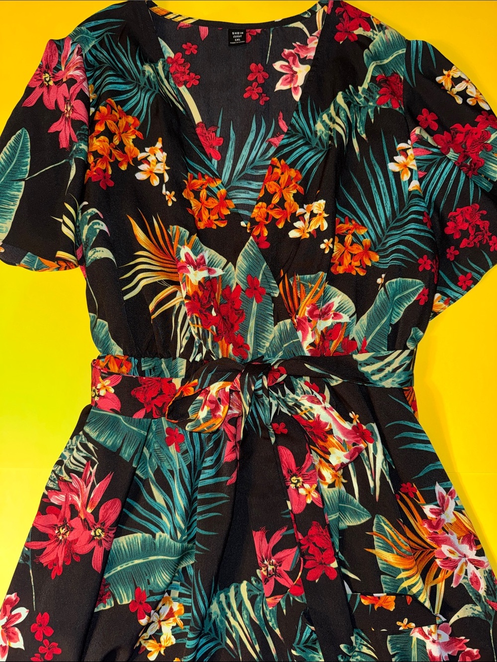 SHEIN Black Floral Midi Dress with Red, Orange & Green Hawaiian Flower Print - Picture 2 of 5